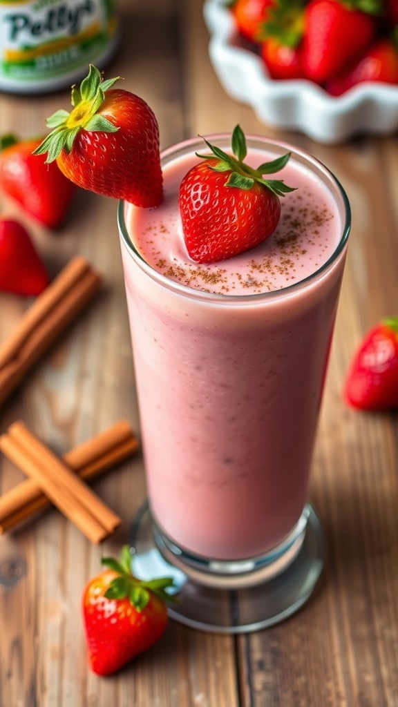 A tall glass of Cinnamon Strawberry Spice Smoothie garnished with cinnamon and a strawberry, on a rustic wooden table.